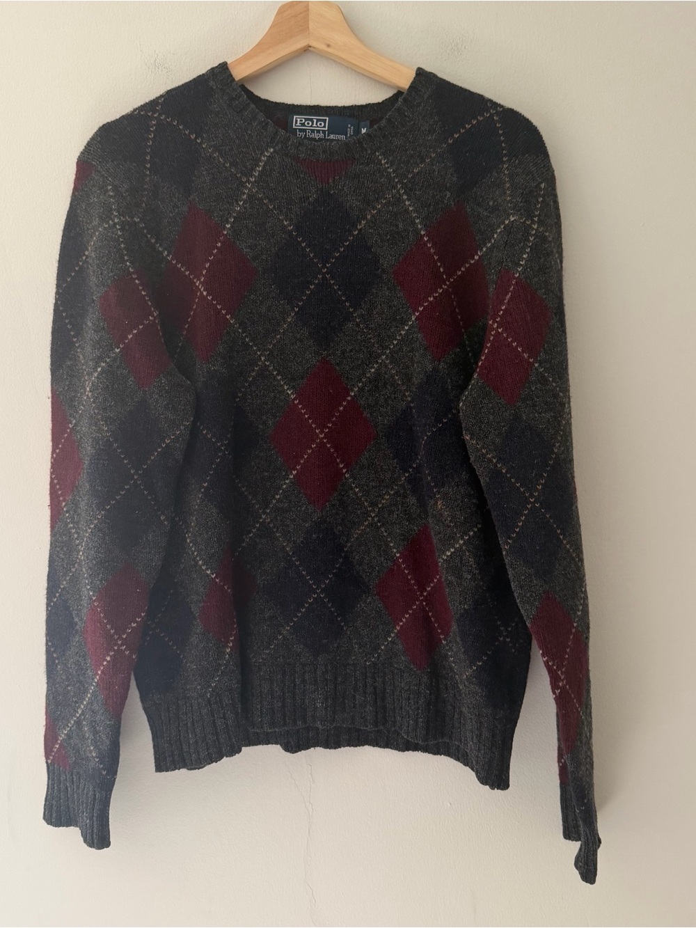 Polo Ralph Lauren Vintage Wool Sweater Argyle Crewneck Charcoal Gray Size Medium